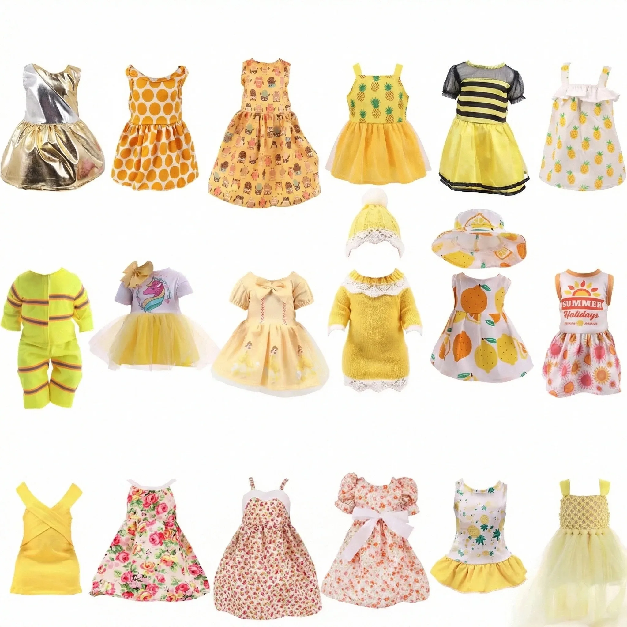 25 verschiedene gelbe Rockkleider für 43 cm große Babypuppen und 18 Zoll große American Girl Puppen, Our Generation Zubehörspielzeug