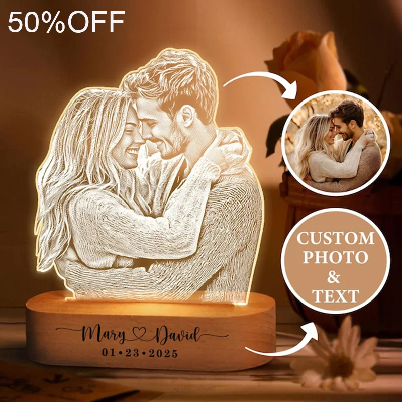 Benutzerdefiniertes personalisiertes Foto, Nachtlicht, Linienkunst, graviertes Acrylbild für Paare, Jahrestag, Valentinstag, Hochzeit, Weihnachtsgeschenk Image