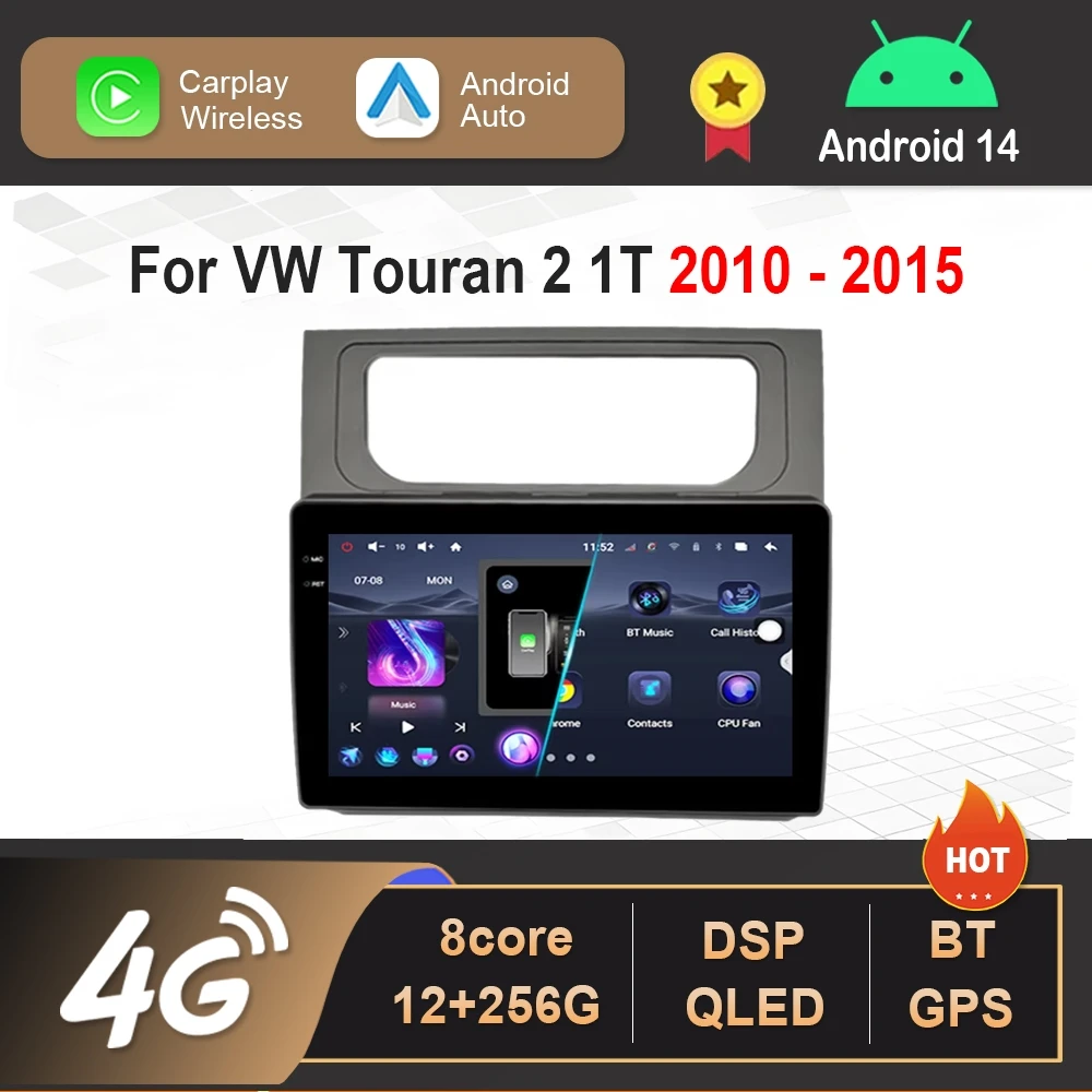 Android 14 Autoradio Multimedia Player 10'' für VW Volkswagen Touran 2 1T 2010 - 2015 DSP Stereo Navi GPS WIFI HD Touchscreen Image