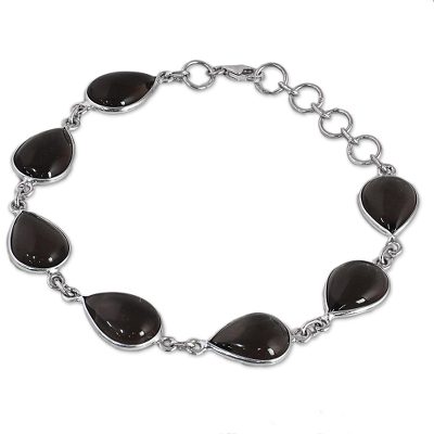 Mystical Dewdrops,'Hand Made Smoky Quartz Silver Link Bracelet from India'