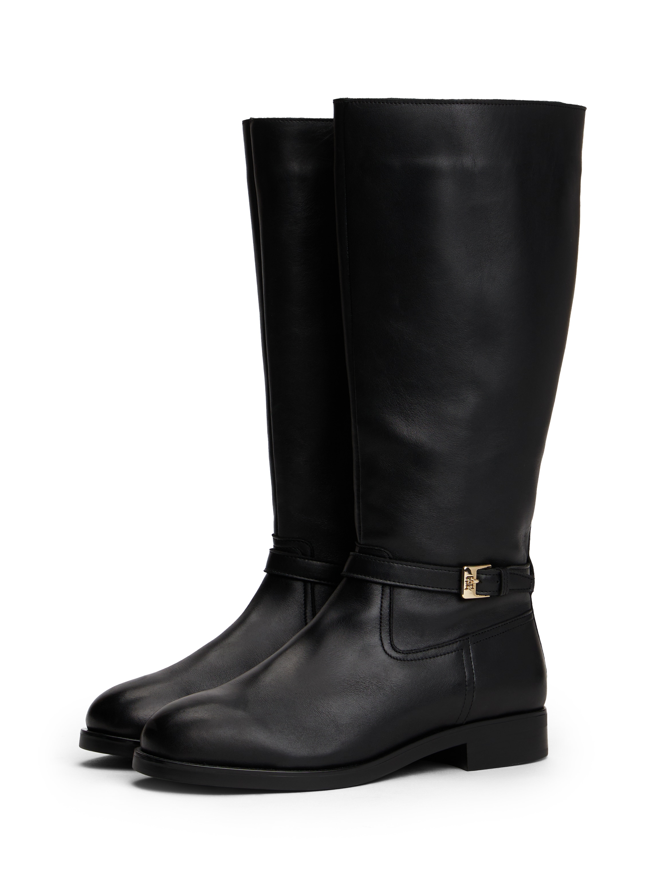 Stiefel TOMMY HILFIGER "TH BUCKLE RIDING LTHR LONG BOOT", Damen, Gr. 38, Normalschaft, schwarz, Leder, Schuhe Stiefel, Blockabsatz, Langschaftstiefel, Businessstiefel mit Zierschnalle