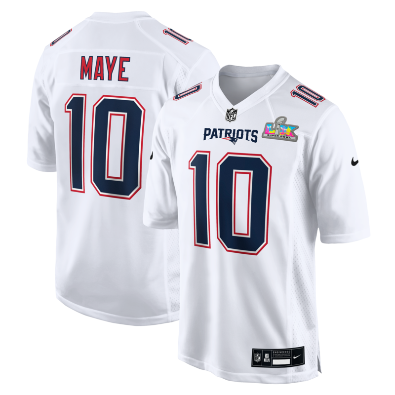 Nike Herren-Trikot mit Drake Maye-Logo, weiß, New England Patriots, Super Bowl LX Patch, Tundra Fashion Game Jersey Image