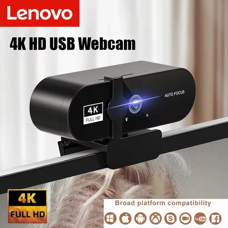 Lenovo 4K HD Mini Webcam avec Microphone 2K Full HD Webcam Autofocus USB Web Cam pour mise au point automatique PC ordinateur portable caméra de prise de vue vidéo