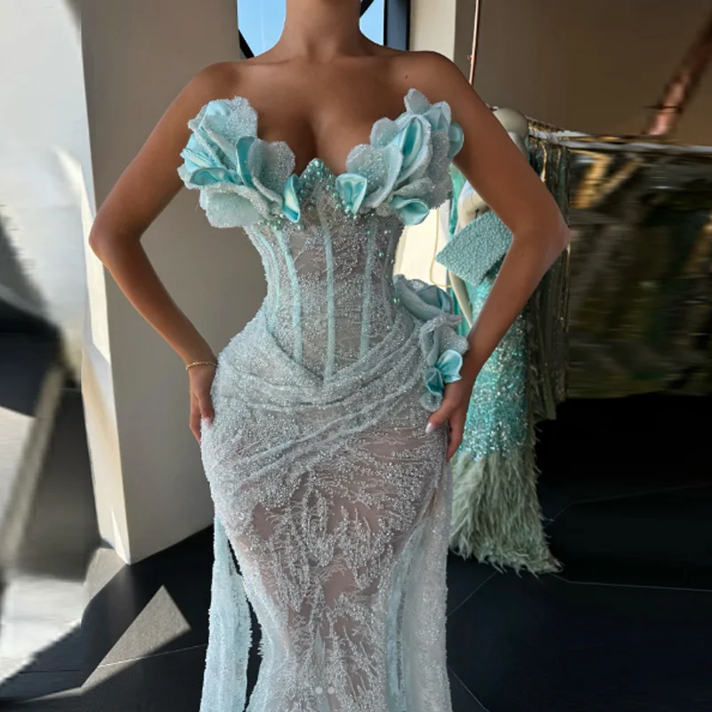 Customized Beading Prom Dresses Elegant Lace Strapless Flowers Women Evening Dress Mermaid Wedding Party Gowns Vestidos