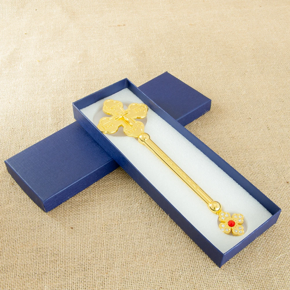 HTISOK Orthodoxes Kreuz, vergoldete Jesus-Kruzifix-Statue mit Kristallen für Anbetung, Gebet, Kirche, Zuhause, Tischdekoration, orthodoxes Kreuz Image