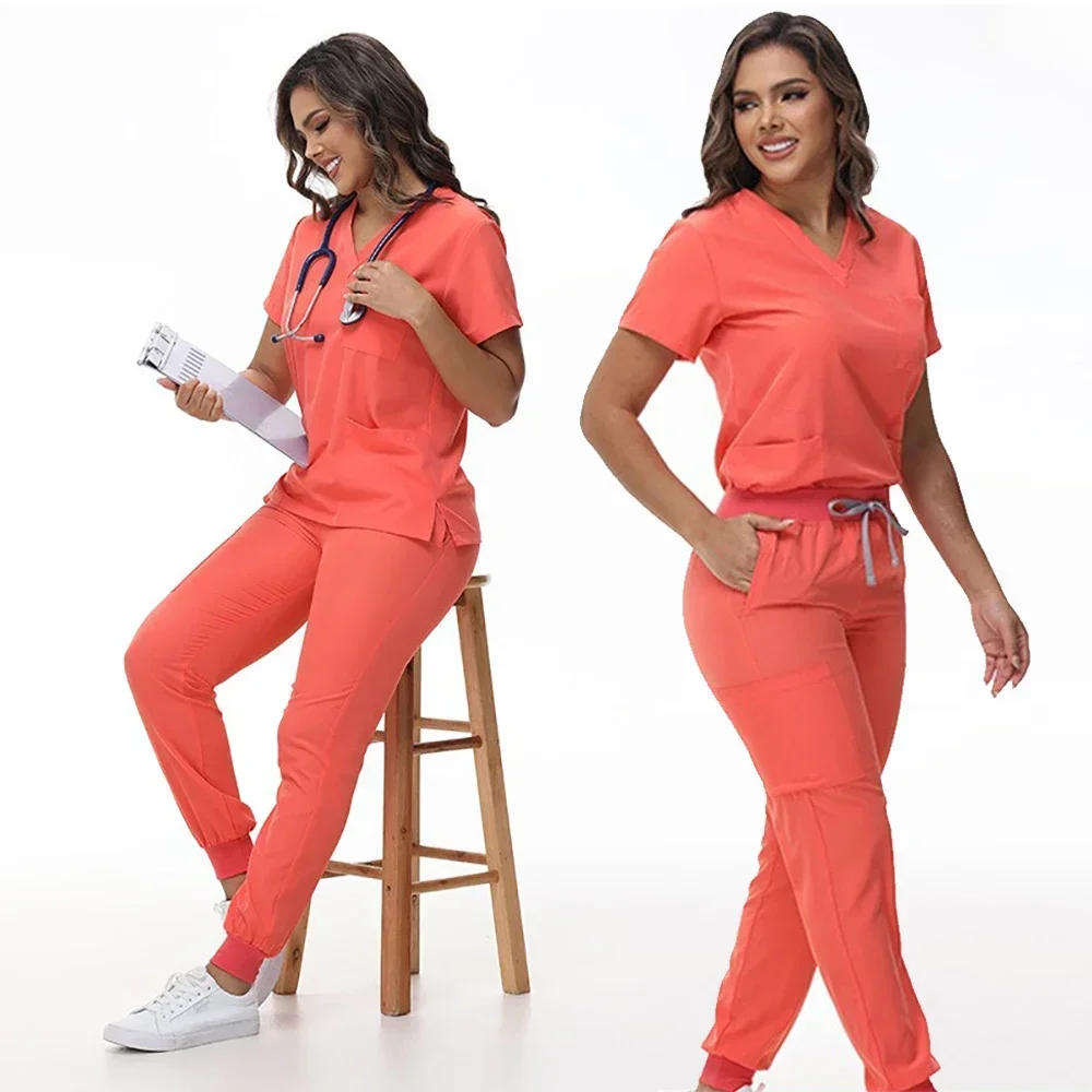 Neue Peelings Set Medizinische Uniformen Stretch Peeling Tops Mit Tasche Hosen Krankenschwester Uniform Arzt Chirurgie Overalls Schönheit Salon Arbeitskleidung Image