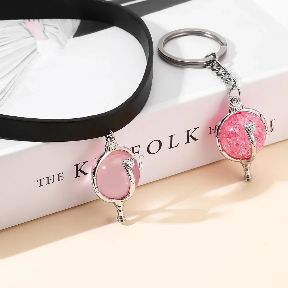 W.i.t.c.h. Magic Girl Schlüsselanhänger und Halsband-Set, Anime-Rosa-Kristall, kugelförmiger Anhänger, baumelnde Schlüsselanhänger, Halskette, Schmuck für Frauen Image