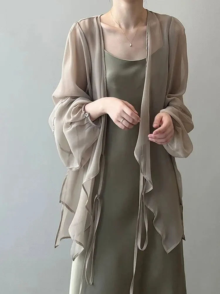 Zoki Chiffon Frauen Hemd Langarm Einfache Feste Sonnenschutz Hemd Strand Kausalen Spitze Up Weibliche Tops Neue Image