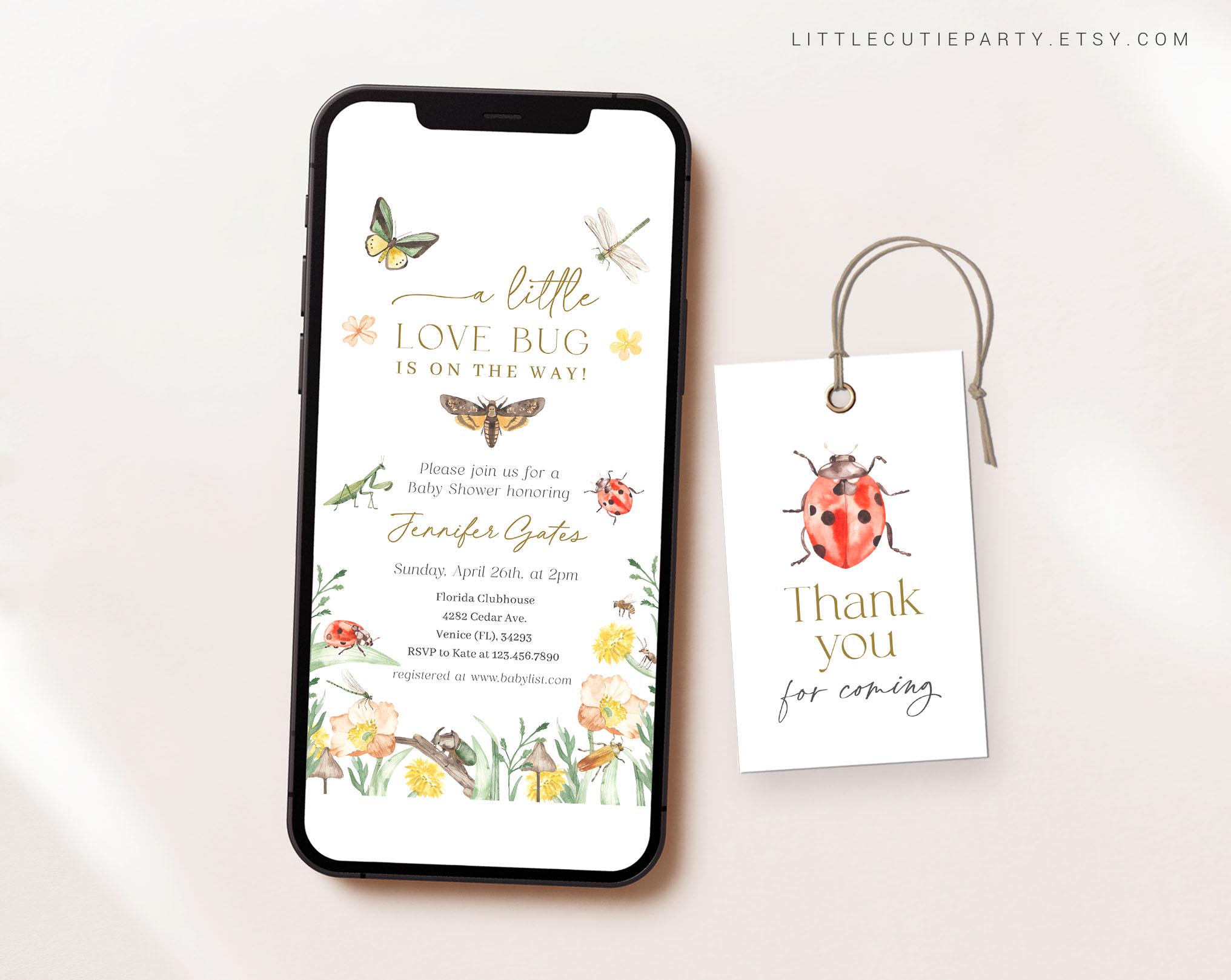 Set di inviti modificabili per baby shower Little Love Bug, invito Little Love Bug On the Way, invito digitale per baby shower Lovebug LVBBS001