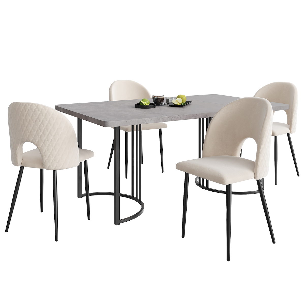 MODFU Essgruppe 140x80x75 cm Esstisch mit 4 Stühlen Samt Beige mit Marmor Muster MDF Tischplatte Metallgestell verstellbare Füße modernes Set Image