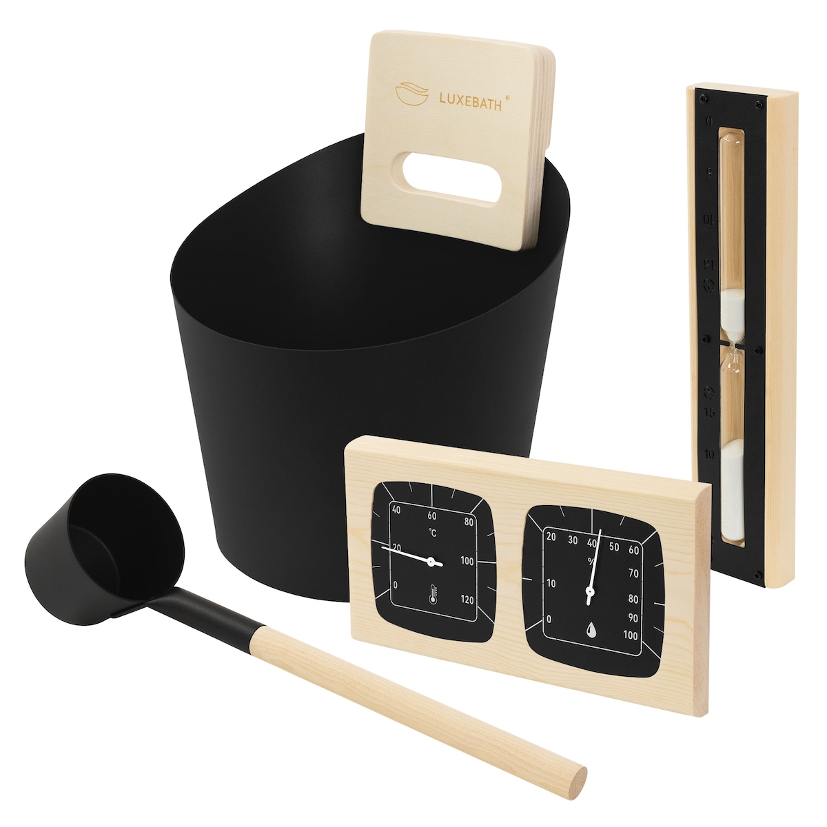 LuxeBath Sauna Zubehör Set 4-tlg, Aluminium & Holz schwarz, Kübel, Kelle, Thermometer & Sanduhr Image