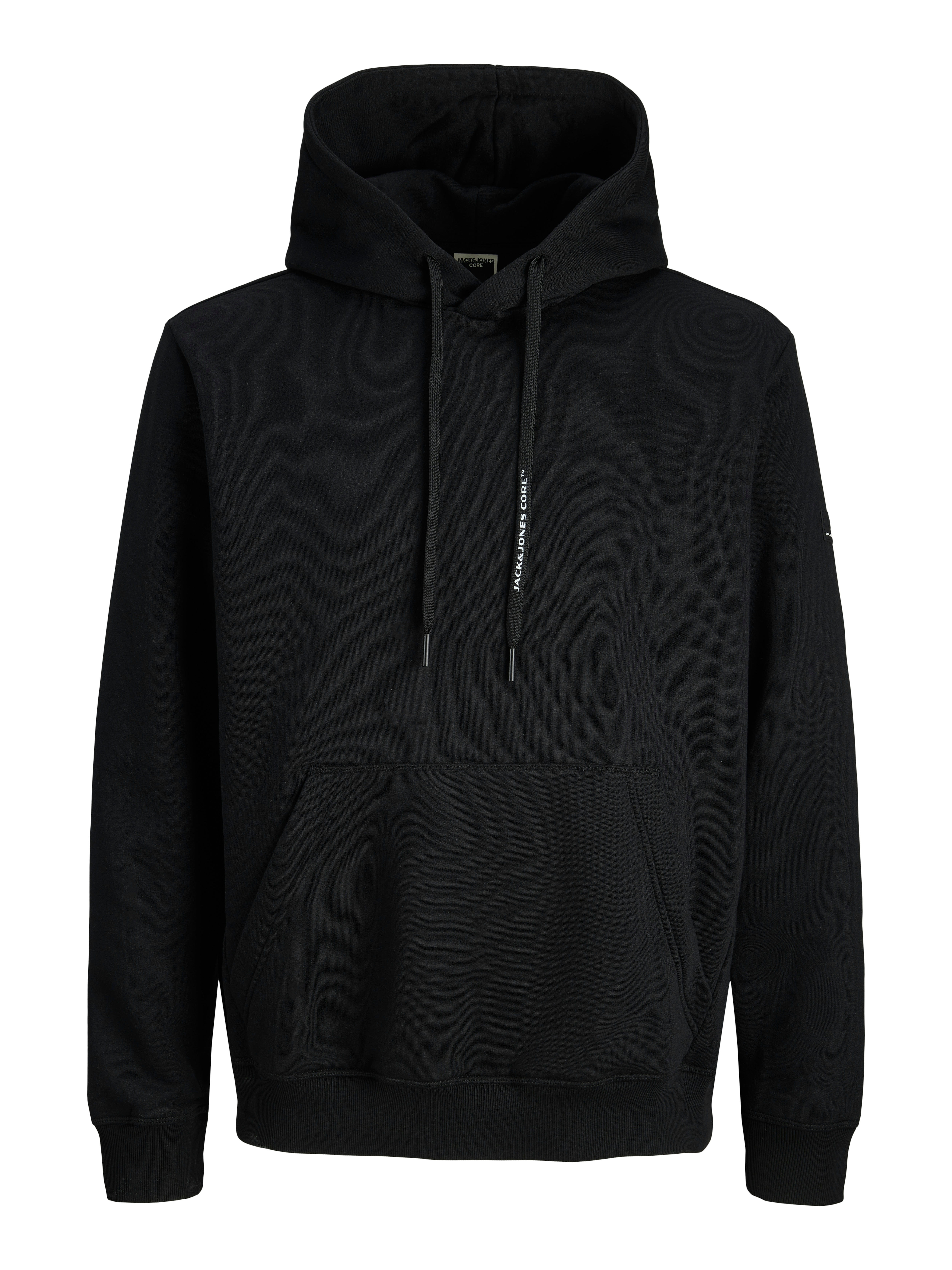 Kapuzensweatshirt JACK & JONES "JCOFUSION SWEAT BADGE HOOD", Herren, Gr. XL, schwarz, angeraute Sweatware, Obermaterial: 52% Polyester, 48% Baumwolle, unifarben, relaxed fit normal, ohne Ausschnitt, Sweatshirts