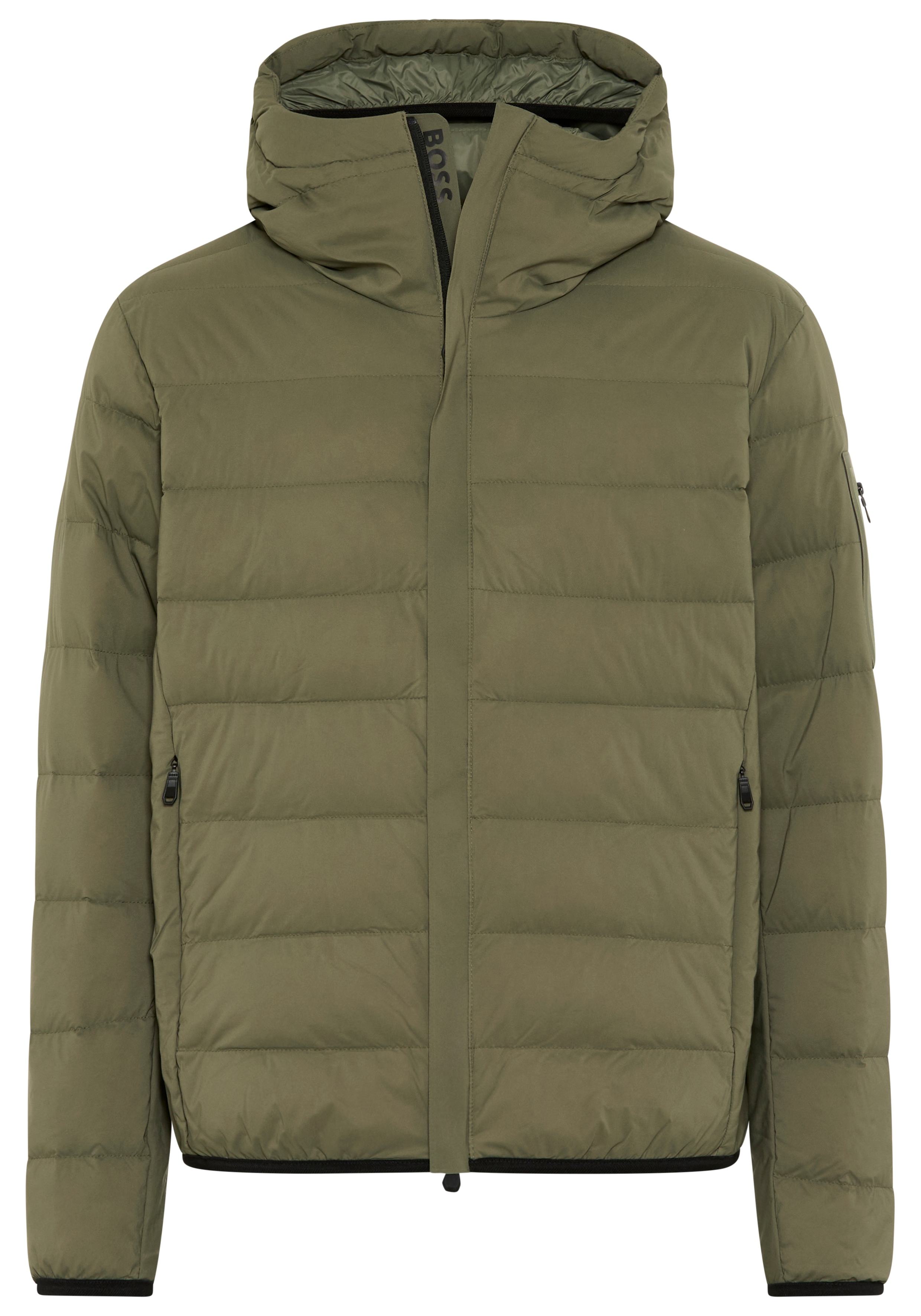 Steppjacke BOSS GREEN "OW Riplite JT HD", Herren, Gr. M, schwarz beige257, Web, Obermaterial: 100% Polyamid, regular fit normal, hoch geschlossener Ausschnitt, elastischer Bund, Jacken Steppjacke, abenehmbare Kapuze wasserabweisend regular fit,...
