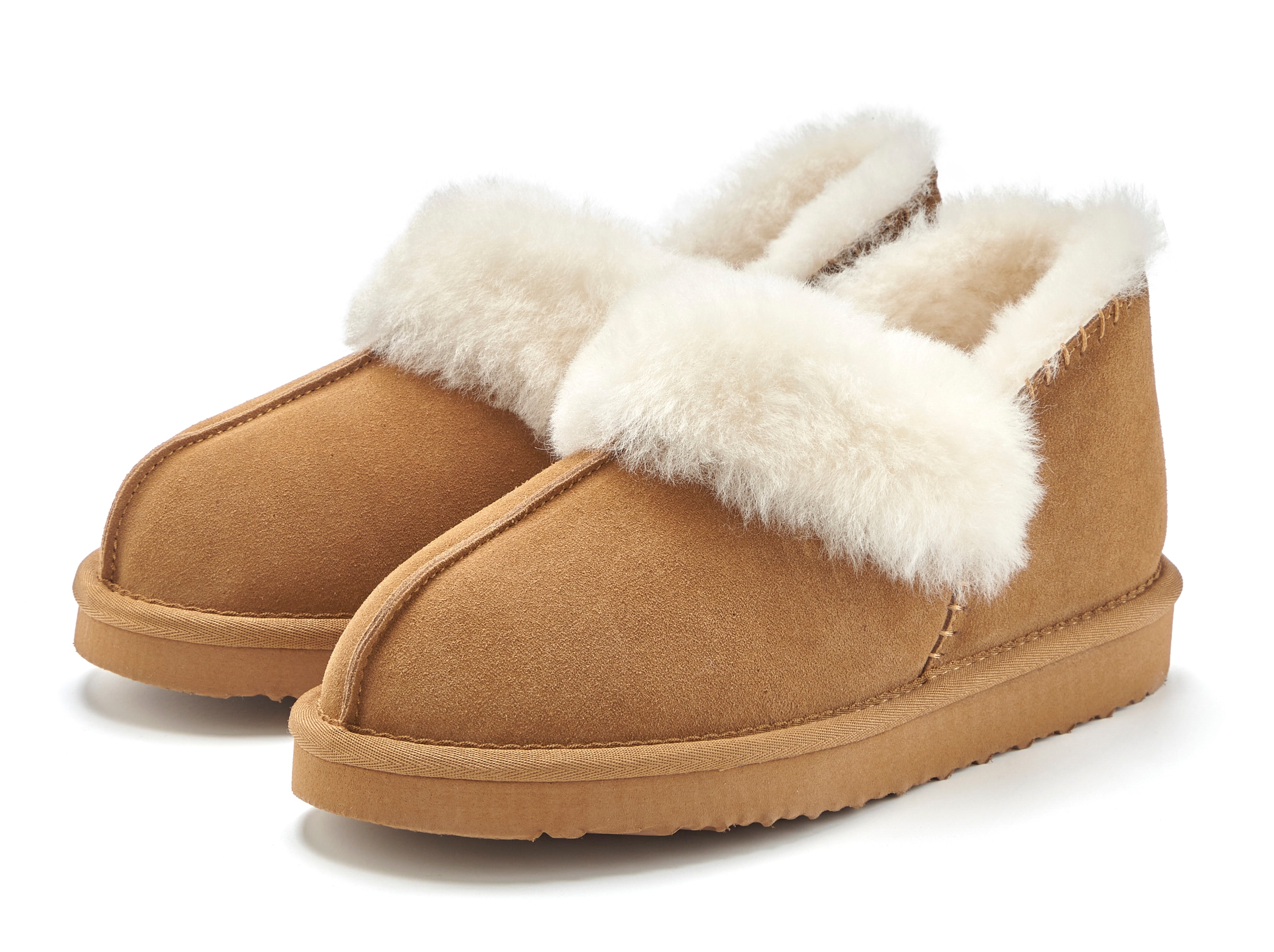 Hausschuh VIVANCE "Plüsch Hausschuh, Pantolette, Pantoffel, Homeslippers", Damen, Gr. 37, camelfarben, Obermaterial: 100% Rindsleder. Decksohle: 100% Lammfell. Futter: 100% Lammfell. Laufsohle: 100% Synthetik, unifarben, Schuhe Hausschuh, mit...