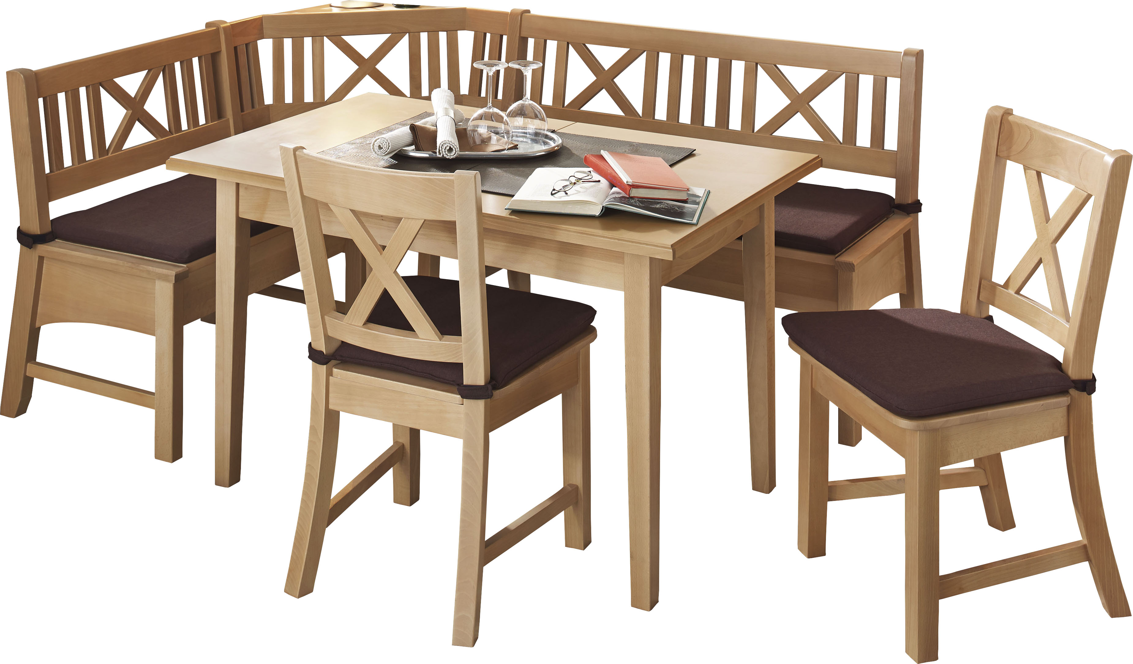 Eckbankgruppe MASSIVLINE & MORE "Bodensee", braun (buche massiv natur lackiert, buche massiv natur lackiert, buche massiv natur lackiert), B:137,18cm H:87cm T:52cm, Holz teilmassiv, Sitzmöbel-Sets, Eckbankgruppe