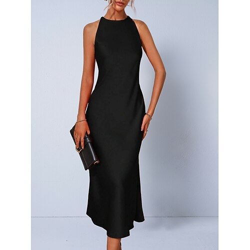 Damen Midikleid Satinkleid Partykleid Wickelkleid Elegant Mode Modern Outdoor Urlaub Ausgehen Normale Passform Einfach Ärmellos Neckholder Schwarz Rote Braun Grün Sommer Frühling Image