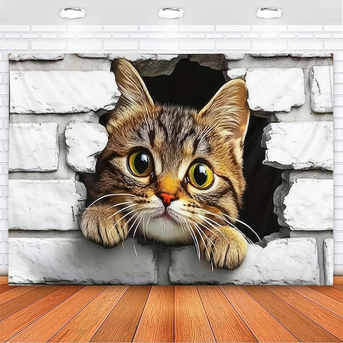 3D-Katzen-Wandteppich, niedliches, hervorlugendes Kätzchen, realistische Wanddekoration mit zerbrochenen weißen Ziegelsteinen, großes Stoffposter für Schlafzimmer und Wohnzimmer Image