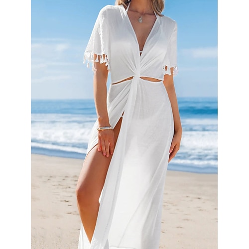 Damen Maxikleid Weißes Kleid Sommerkleid Elegant Mode Sexy Täglich Outdoor Strand Normale Passform Einfach Kurzarm V Ausschnitt Weiß Sommer Frühling Image