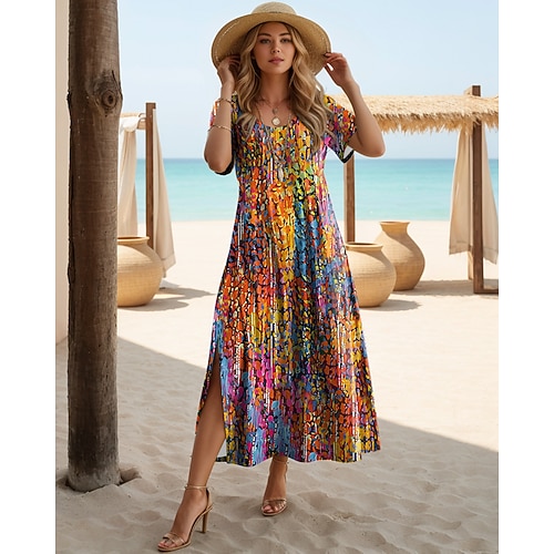 Damen Midikleid Sommerkleid A Linie Kleid Urlaub Lässig Boho Schmetterling Urlaub Ausgehen Normale Passform Blumen Grafik Regenbogen Kurzarm Rundhalsausschnitt Blau Rot orange Violett Purpur Sommer Image