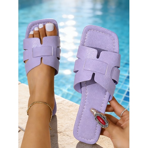 Rosafarbene, strukturierte Damen-Sandalen aus Kunstleder – schicker Sommer-Resort-Stil, bequeme Sandalen mit eckiger Zehenpartie zum Entspannen am Pool und für Strandurlaube. Image
