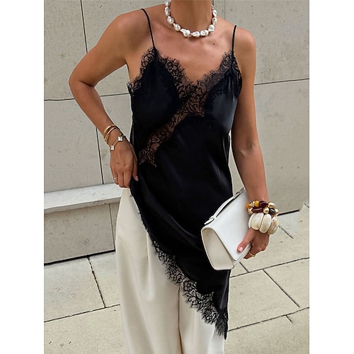 Damen Minikleid schwarzes kleid Spitzenkleid Unterkleid Elegant Mode Klassisch Täglich Outdoor Strand Lässiger Schnitt Einfach Ärmellos V Ausschnitt Hellgelb Schwarz Braun Beige Sommer Frühling Image