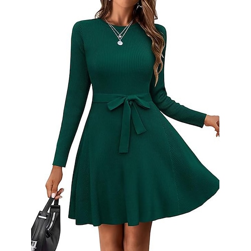 Damen Minikleid Weißes Kleid Sweat-Kleid Elegant Mode Modern Outdoor Urlaub Ausgehen Schlank Einfach Langarm Rundhalsausschnitt Weiß Burgunderrot Marineblau Dunkelgrün Frühling Herbst Image