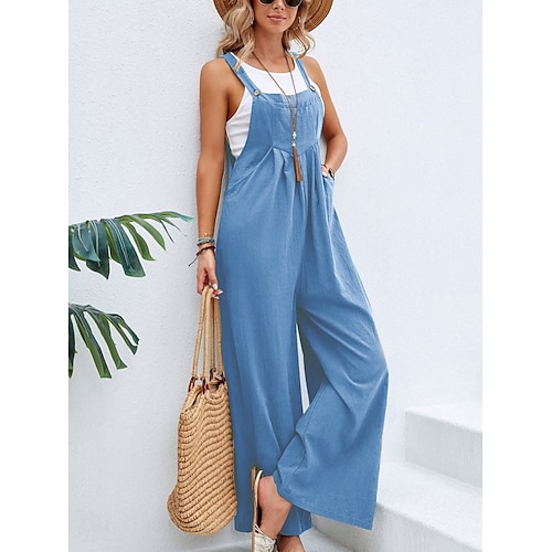 Damen Normal Overall Aktiv Einfarbig Ärmellos Weites Bein Quadrathals Tasche Täglich Urlaub Lässiger Schnitt Gelb Rosa Wein Sommer Image