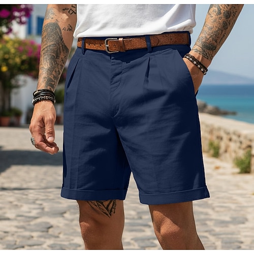 Herren Shorts Leinenshorts Schicke Shorts Sommershorts Plissee-Shorts Elastischer Bund Gerader Schnitt Einfach Einheitliche Farbe Komfort Atmungsaktiv Knielang Täglich Outdoor Streetwear Mode Image