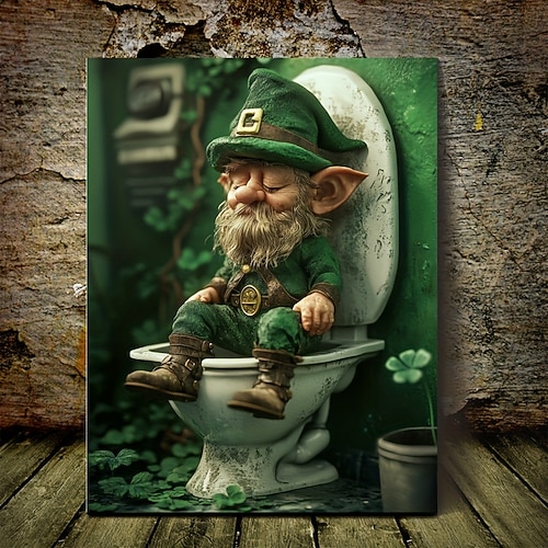 Leprechaun im Badezimmer Leinwanddruck zum St. Patrick's Day - Lustige irische Toilettendekoration mit Kleeblättern rahmenloses Poster für das Zuhause Image