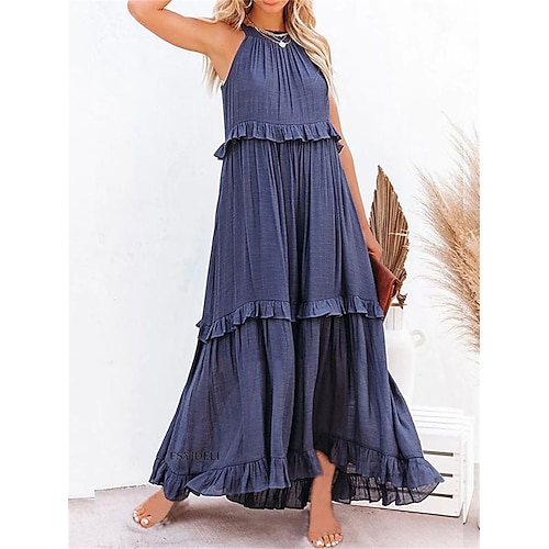 Damen Maxikleid Weißes Kleid Strandkleid Schwingkleid Elegant Vintage Mode Täglich Outdoor Strand Lässiger Schnitt Einfach Ärmellos Rundhalsausschnitt Blau Weiß Gelb Rosa Sommer Frühling Image