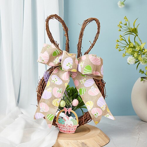 3er-Pack Osterhasenkranz, rustikaler Türkranz mit Hasenohren, Schleife, Eiern und Blumen, frühlingshafte Dekoration im Landhausstil für Haustür, Wand, Fenster, drinnen und draußen Image