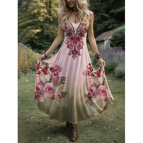 Karneval Damen Maxikleid Freizeitkleid Schwingkleid Sommerkleid Boho-Kleid Vintage Strand Normale Passform Blumen Grafik Ärmellos Rundhalsausschnitt Rosa Purpur Grün Sommer Frühling Image