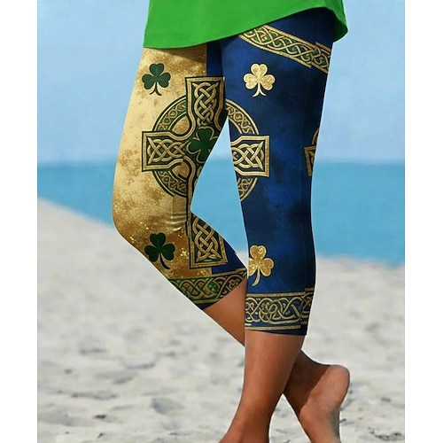 Damen Caprihose Leggings Urlaub Hawaiianisch Stilvoll Capris Mittlere TaillenliniePantsSt. Patrick Tag Grafik Komfort Dehnbar Rote Blau Grün Sommer Frühling Herbst Normale Passform Image