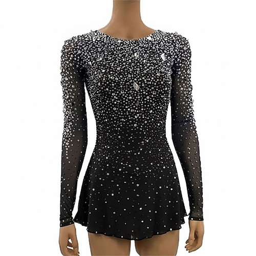 Eiskunstlaufkleid Damen Eislaufen Kleid Schwarz Patchwork Offener Rücken Dehnbar Training Wettbewerb Eiskunstlaufkleidung Klassisch Kristall / Strass Langarm Eislaufen Eiskundstlauf Image
