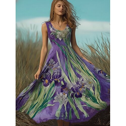 Damen Maxi Kleid Boho Sommerkleid A-Linien Kleid Slip Kleid Plisseekleid Urlaub Casual Strand Reguläre Passform Floral Grafik Ethno Ärmellos U-Ausschnitt Lila Sommer Frühling Image