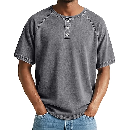 Herren T-Shirt Baumwoll-T-Shirt Gewaschenes Hemd Kurzarm Henley Sommer Frühling Ganzjahres Einfarbig Einfach Vintage Designer Lässig Knöpfe Lässig Täglich Outdoor Grau Hellblau Purpur Top T-Shirt für Image