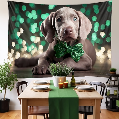 St. Patricks Day Tapisserie Banner Decke Hund Kleeblatt Niedlich Romantisch 3D Schlafzimmer Wohnzimmer Wohnheim Jugendzimmer Studentenwohnheim Wandveranda Wohndeko Image