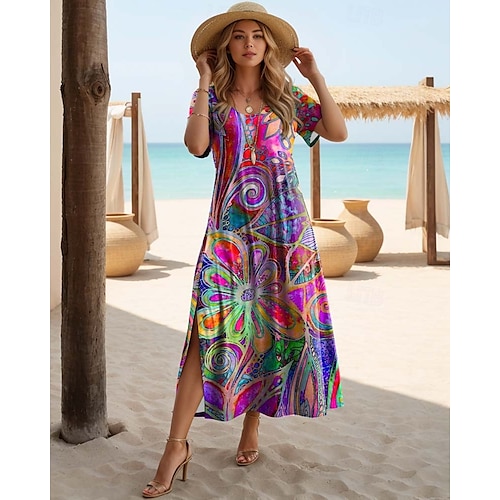 Damen Midikleid Sommerkleid A Linie Kleid Urlaub Lässig Boho Schmetterling Urlaub Ausgehen Normale Passform Blumen Grafik Regenbogen Kurzarm Rundhalsausschnitt Blau Rot orange Violett Purpur Sommer Image