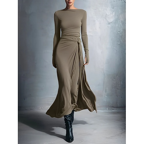 Damen Midikleid Freizeitkleid Wickelkleid Figurbetontes Kleid Elegant Mode Modern Outdoor Urlaub Ausgehen Normale Passform Einfach Langarm Rundhalsausschnitt Schwarz Rote Purpur Khaki Frühling Herbst Image