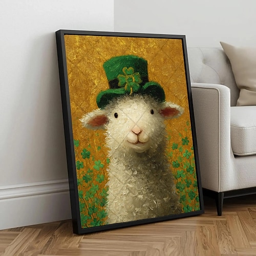 St. Patrick's Day Schafplakat Vierblättriges Kleeblatt Malerei Irisches Lamm Wandkunst Kleeblatt Hutdruck Image