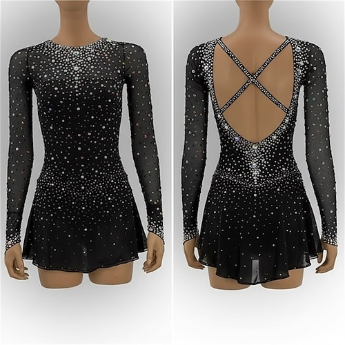 Eiskunstlaufkleid Damen Eislaufen Kleid Schwarz Patchwork Offener Rücken Dehnbar Training Wettbewerb Eiskunstlaufkleidung Klassisch Kristall / Strass Langarm Eislaufen Eiskundstlauf Image