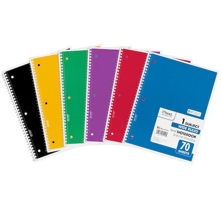 MEAD MEA05510 Spiral 1 Subject Notebook, Wide Ruled, 70 Sheets Per Book, PK6,