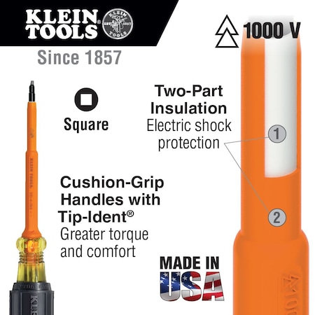 KLEIN TOOLS 661-7-INS Insulate Screwdriver,Square,7" Shank,#1 #1 Round