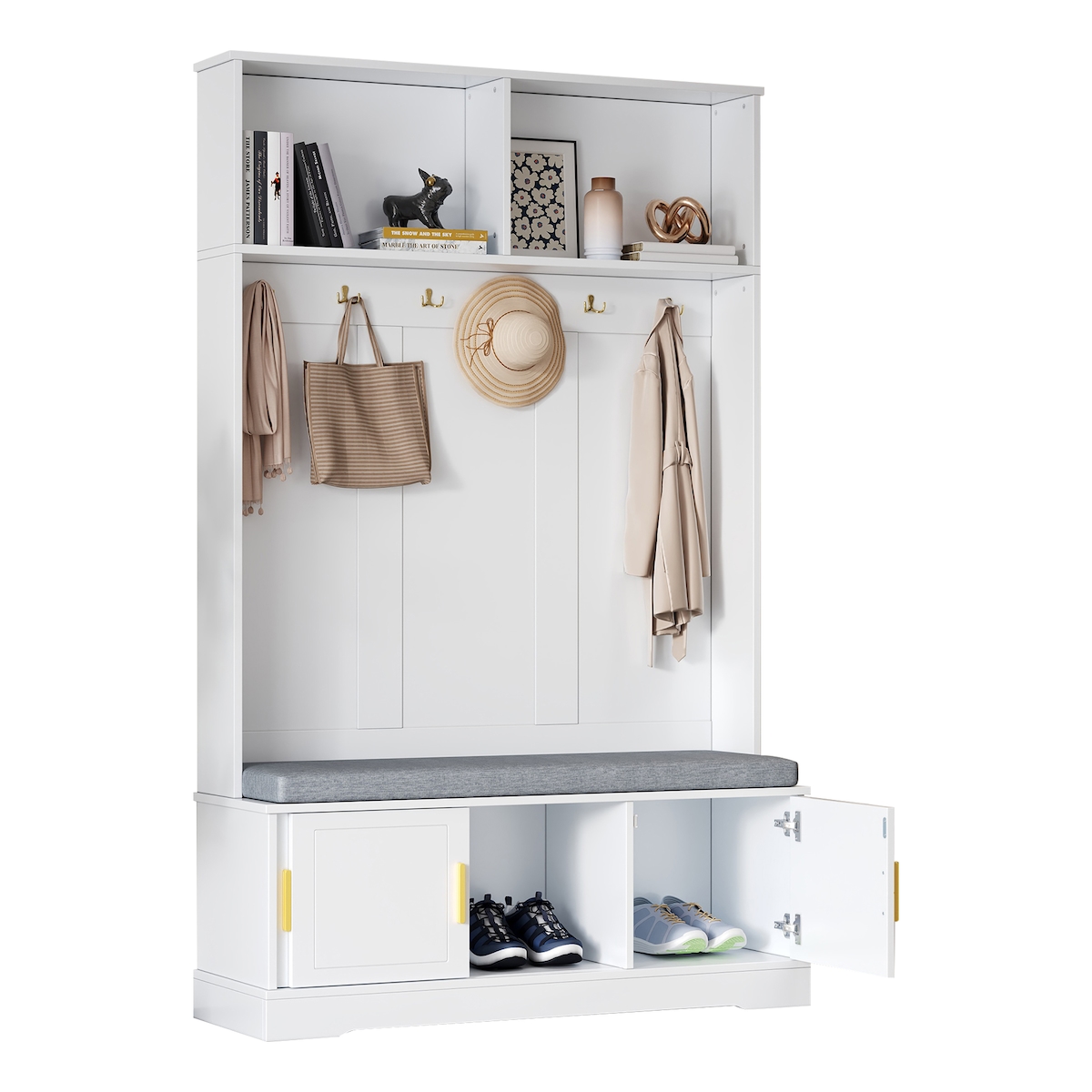 OKWISH Garderobenständer mit Schuhbank 120x40x191 6 Haken offenes Fach Sitzbank Flurgarderobe Stauraum modern Weiß Image