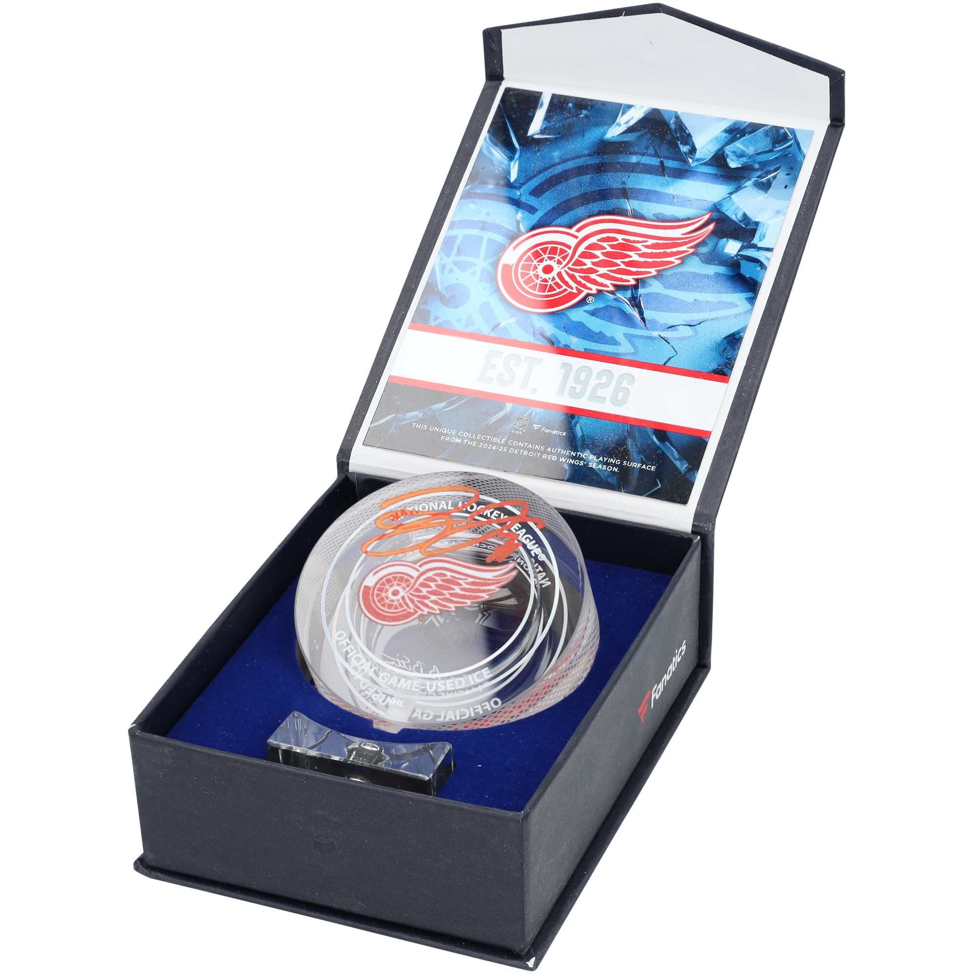 Dylan Larkin Detroit Red Wings signierter Kristallpuck – gefüllt mit Eis aus der Saison 2024/25 Image