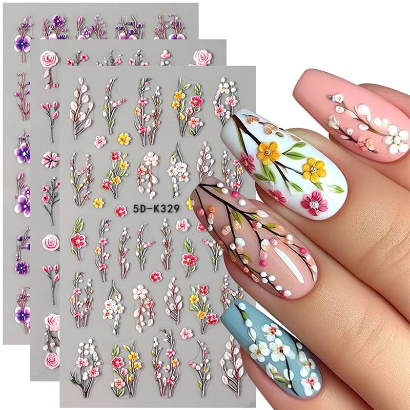 3 pezzi 5D adesivi floreali per unghie primavera margherita fiore fiore vite rosa disegni decalcomanie autoadesive in rilievo per la decorazione manicure fai da te