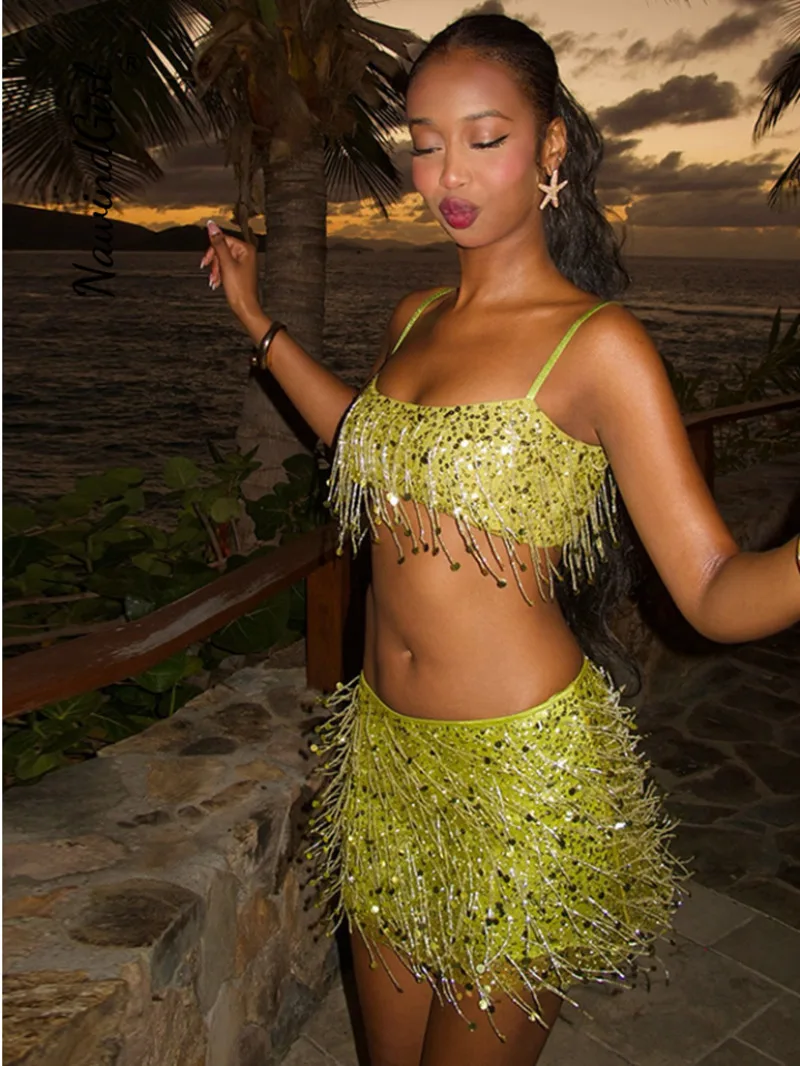 Sexy Pailletten Quaste Rock Sets Frauen Sling Crop Tops Hüfte Paket A-linie Kurze Röcke 2025, Sommer Chic Strand Party Outfits dame MLQ7 Image