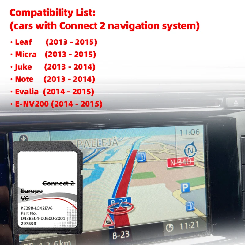 Connect2 V6 SD-Karte für Nissan Leaf Juke Note Autonavigation GPS-Abdeckung Europa Country Road Details Image