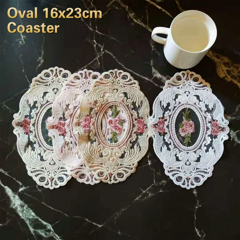Europäischen Oval Spitze Bestickt Bahn Schlafzimmer Studie Küche Tasse Tisch Matte Lebensmittel Obst Platte Abdeckung Tuch Weihnachten Dekoration Image