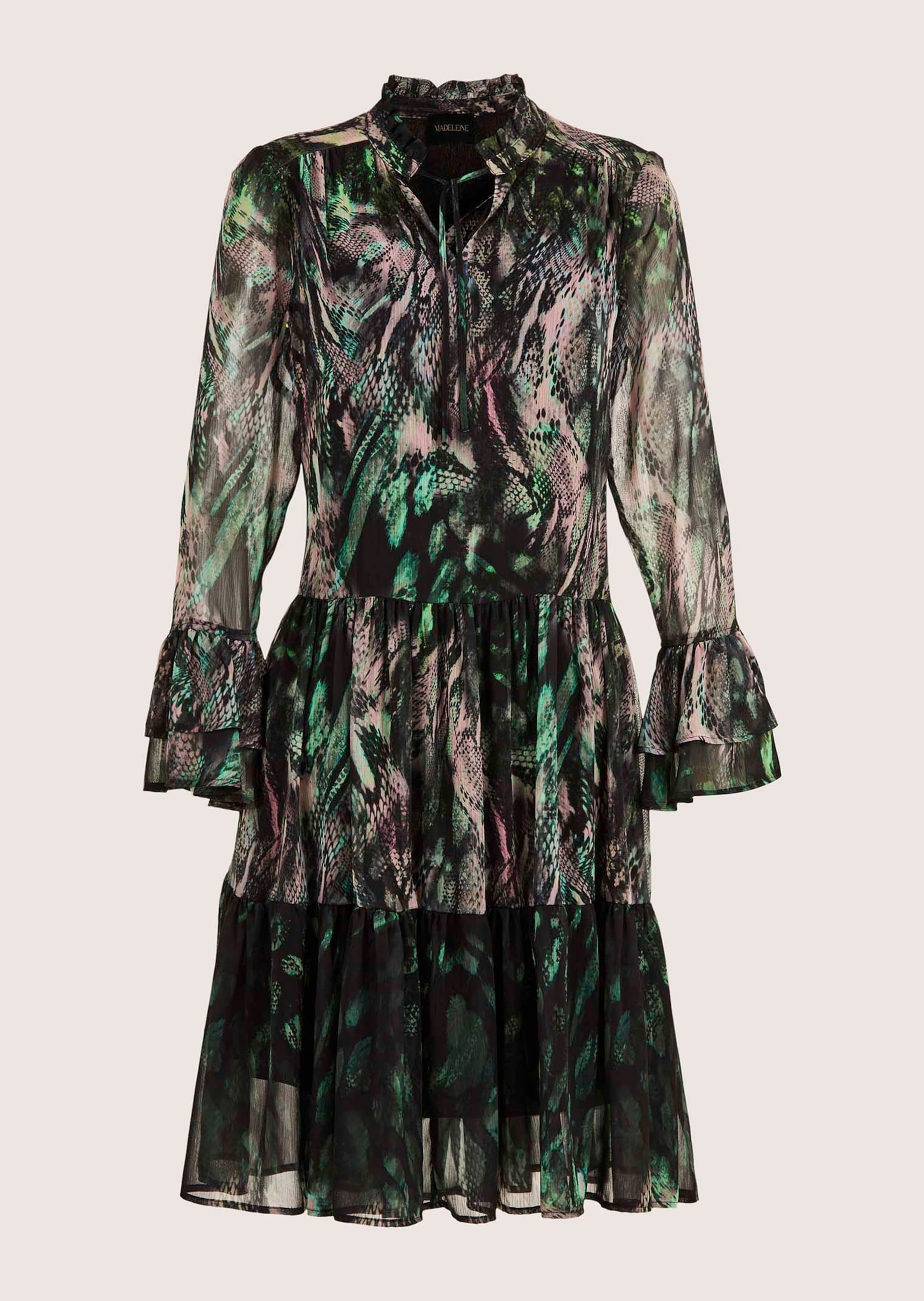 Sommerkleid MADELEINE "Kleid Elegantes Stufenkleid mit All-Over-Print", Damen, Gr. 46, N-Gr, schwarz (schwarz, taupe, multicolor), Obermaterial: 100% Polyester PES., Kleider Sommerkleid